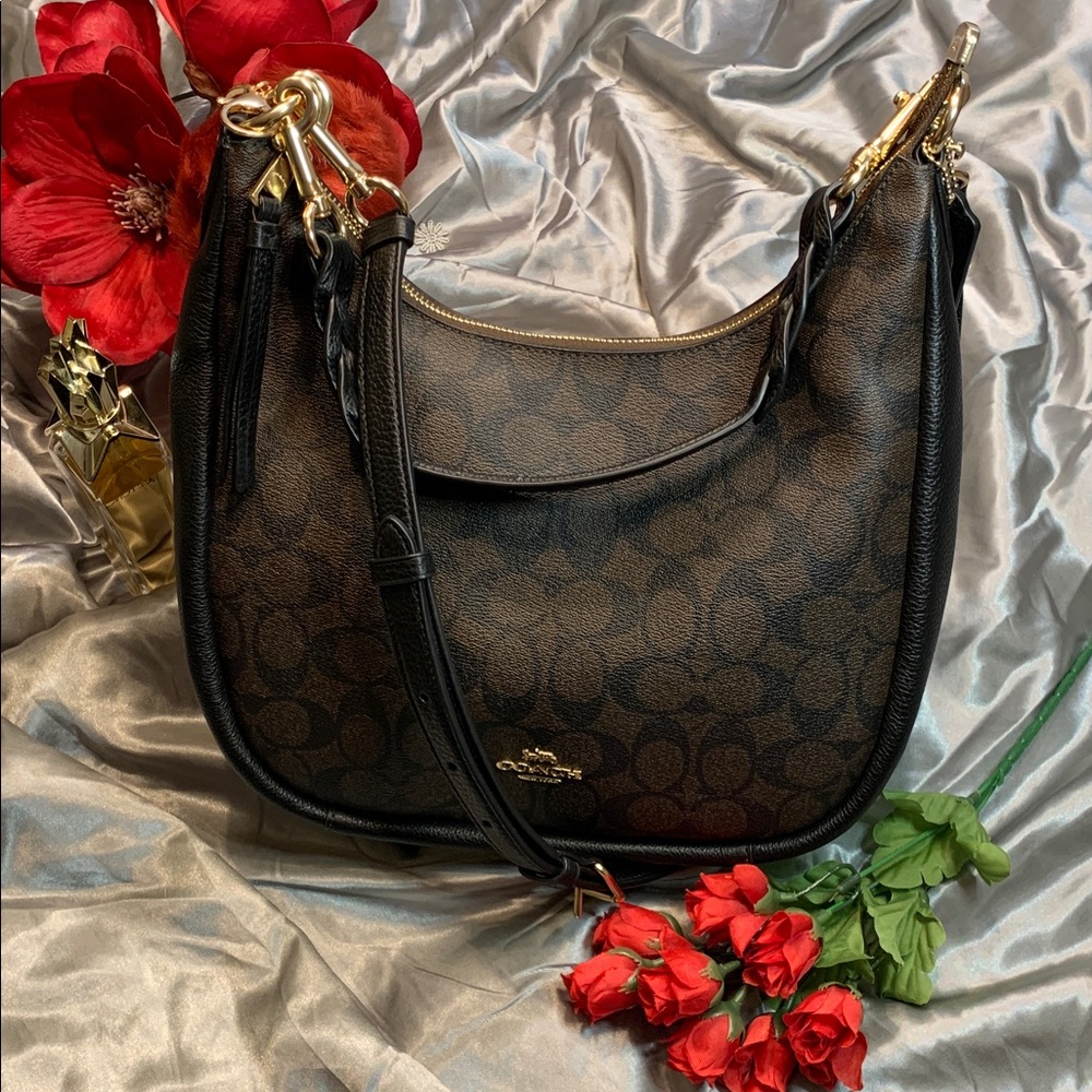 🌹BEAUTIFUL Coach Black Jules Hobo Bag • EUC Signature Canvas w/Crossbody Strap - Picture 5 of 12